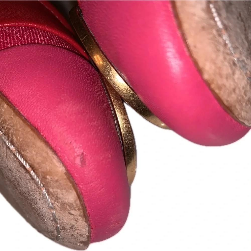 Tory Burch Minnie Toe Cap Red Azalea Pink Napa Leather Ballet Flats Gold Logo 6M